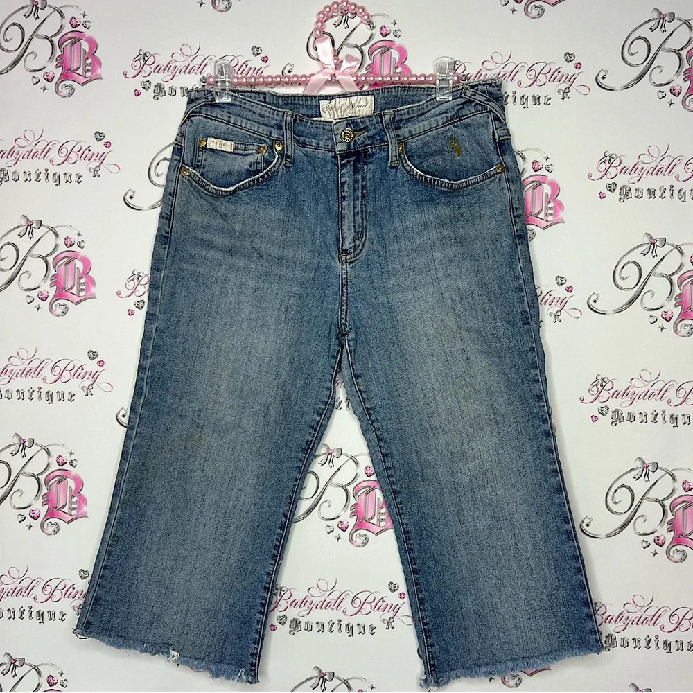 Baby phat capri pants denim jeans cat logo metal gold hardware  y2k 2000s